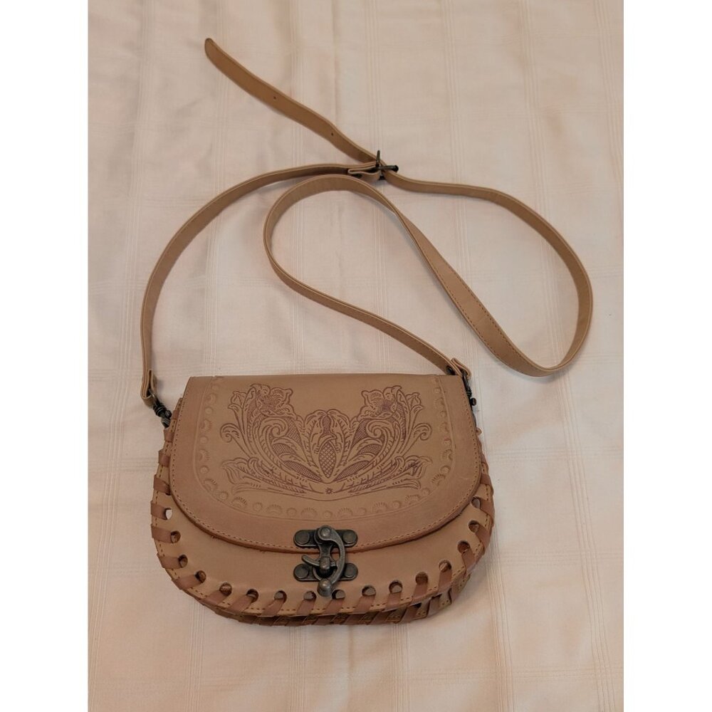 Small Leather Crossbody Bag W/ Floral Embossed Tooled Design Brass Latch Closure